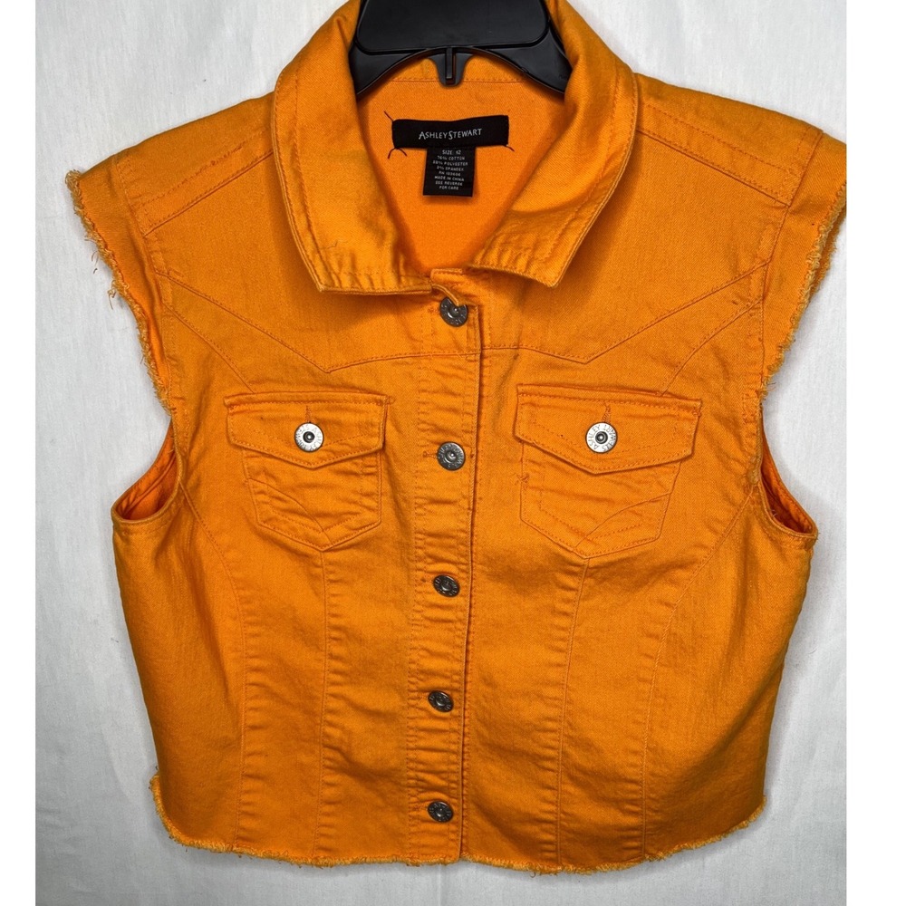 Ashley Stewart Orange Denim Vest Women's Sz 12 Frayed Hem Sleeveless Jean Jacket